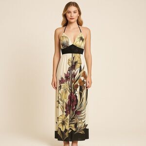 Hale‎ Bob Dress M Womens Silk Floral A Line Maxi Empire Boho Resort Beach Open